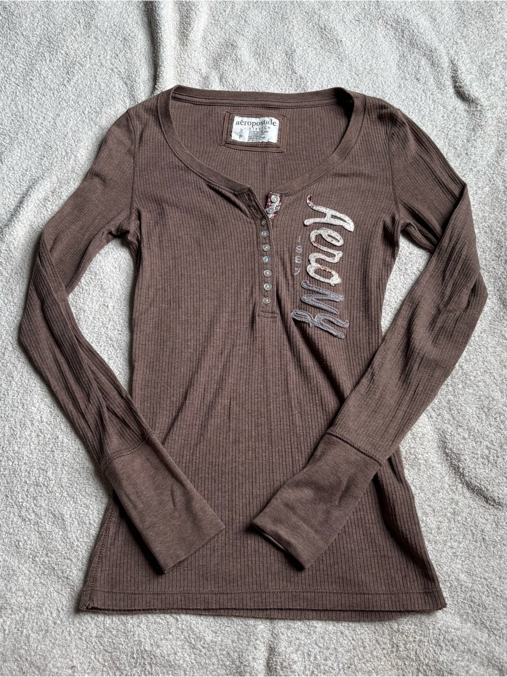 Aeropostale Women's Chocolate Brown Ribbed Henley Long Sleeve Top